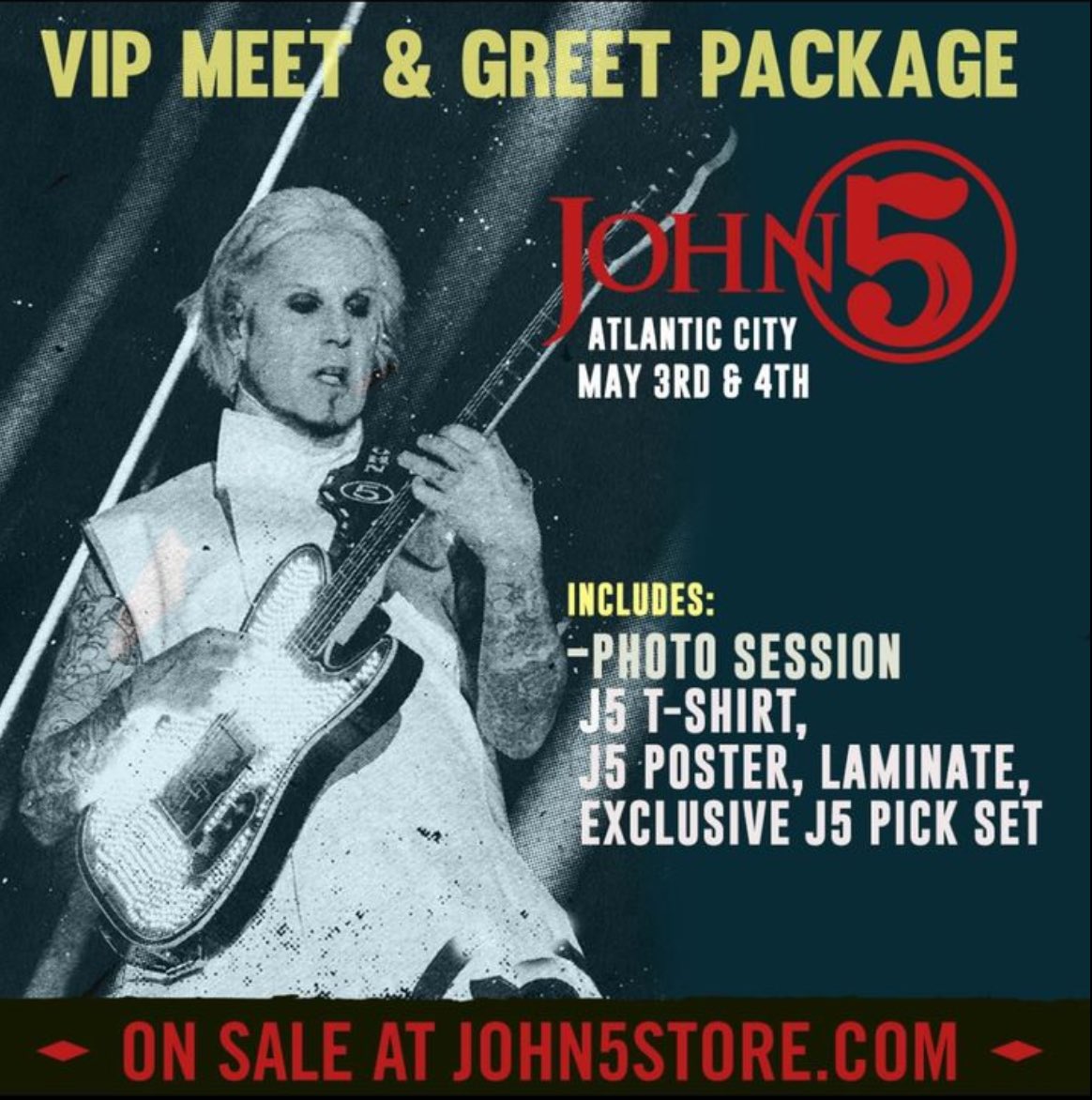 See you soon Crueheads! Come meet me! Upgrade your experience with a VIP meet & greet package* for either of the Atlantic City shows May 3 & 4. More info: john5store.com/collections/vi… @MotleyCrue tour dates & tix: motley.com #John5 #MotleyCrue *M&G with John 5 only.