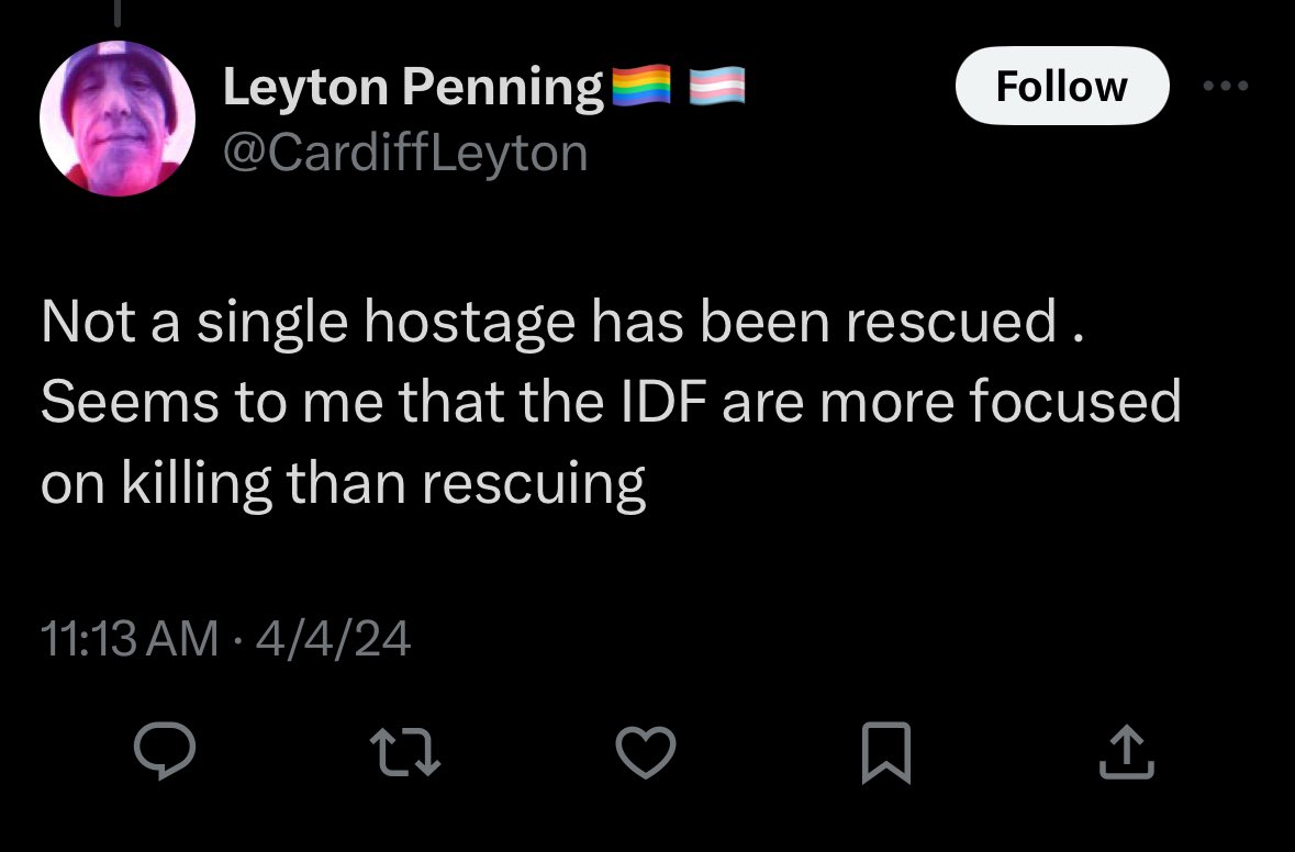 Leyton Penning hates Jews more than he loves his LGBTQ community. Clueless to the realities of war and hostage releases he defends the people that would hang the group he claims to support. Useful idiots helping terrorists and fighting democracies.
