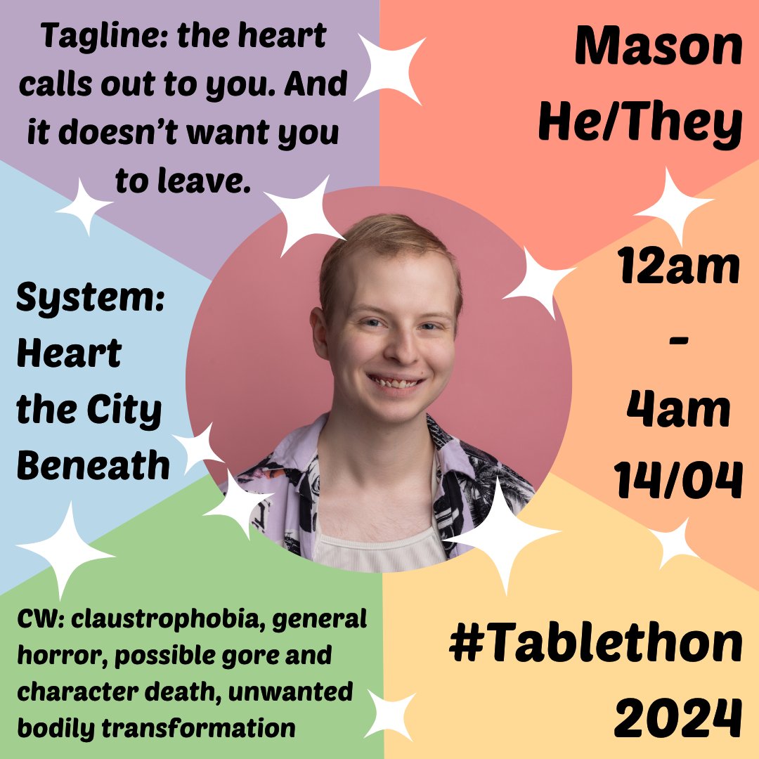 It’s time to meet all the lovely people who will be using their storytelling skills to bring light and happiness this April. Our next GM is Mason, who will be guiding us through their gut wrenching tale: Beating of the Heart. Streaming 14th April 12am to 4am BST. #Tablethon2024