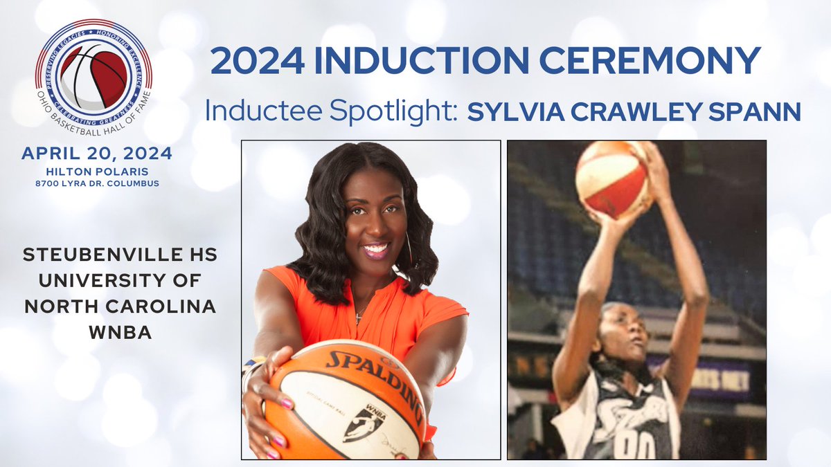 Congratulations to @SylviaCrawley00 and our 2024 Class! We can't wait to celebrate you on April 20th. Steubenville native Sylvia was an impact player at @AthleticsBigRed, @uncwbb and in the @WNBA. #OhioBKBHOF 🎟: shorturl.at/otvU3 📷: shorturl.at/giyI8