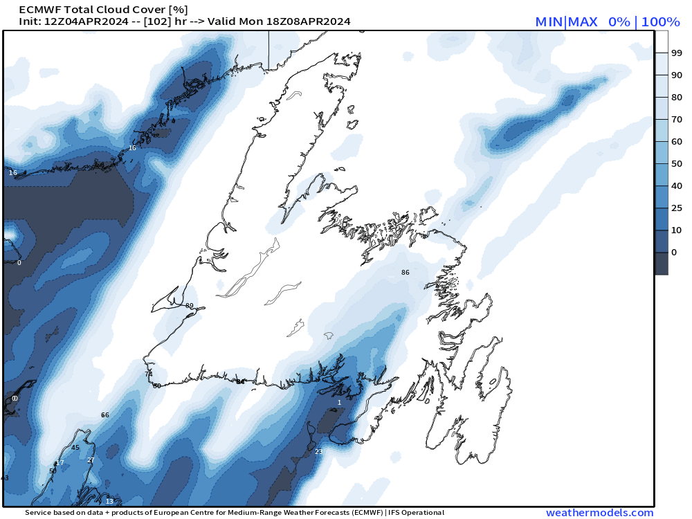 Afternoon GFS and GDPS models show clearer skies for most of Newfoundland on Monday. This would be more favourable for eclipse viewing. However, the ECMWF continues to suggest cloud cover. I'll be keeping a close eye on this as we get closer to Monday. #NLwx