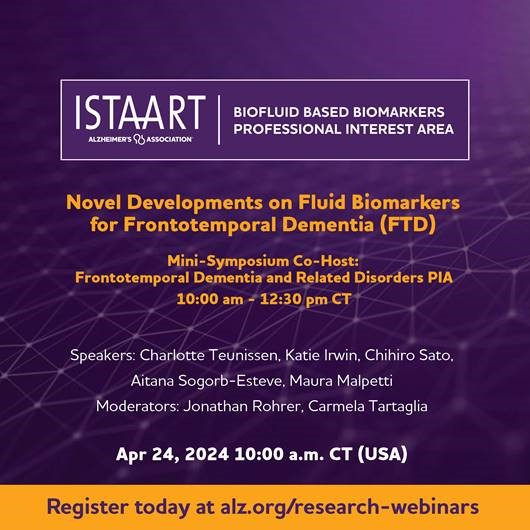 The @FluidMarkersPIA & @FTDPIA are hosting a mini-symposium that will cover the latest research in the context of fluid biomarkers for #FTD and its different subtypes. When?🗓️April 24, 10 am CT. Registration link below.