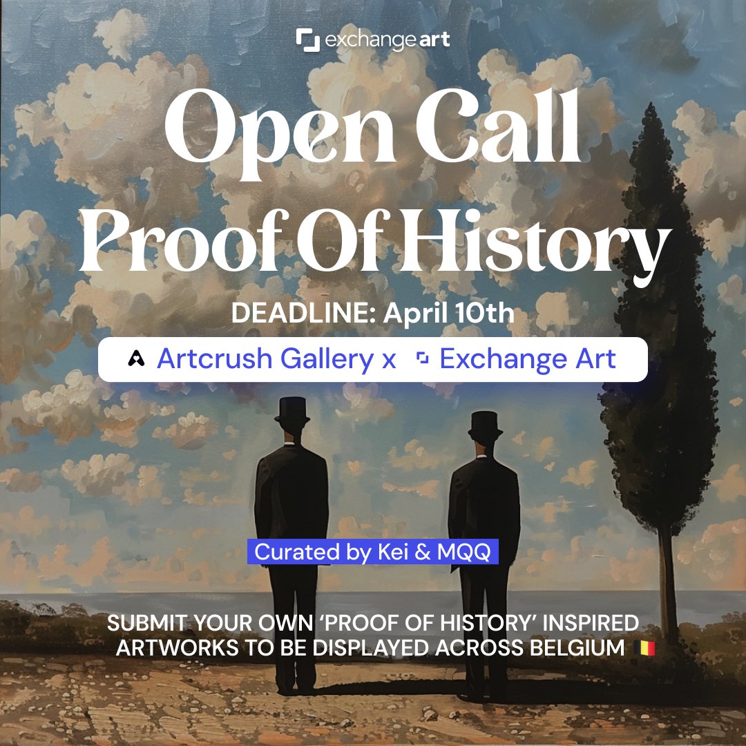 OPEN CALL: Proof of History ⏳

3 artist from the Solana ecosystem will be exhibited all over Belgium in May via <a href="/artcrush/"></a> ‼️

The curatorial team composed of @keigowda <a href="/0xMQQ/">0xMQQ°</a> &amp; <a href="/Arthemort/">Arthemort</a> will select the winners based on submission entries 🏆 

To Enter:
🖼️ Post your