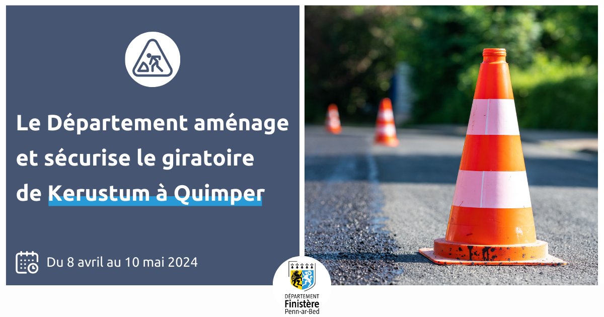 🚧 Du 8 avril au 10 mai, le Département engage des travaux de sécurisation du giratoire de Kerustum, un axe structurant de circulation à Quimper.

🤝 Le montant des opérations s'élève à 460 000 €, intégralement financé par le Département.

#Finistère #CD29