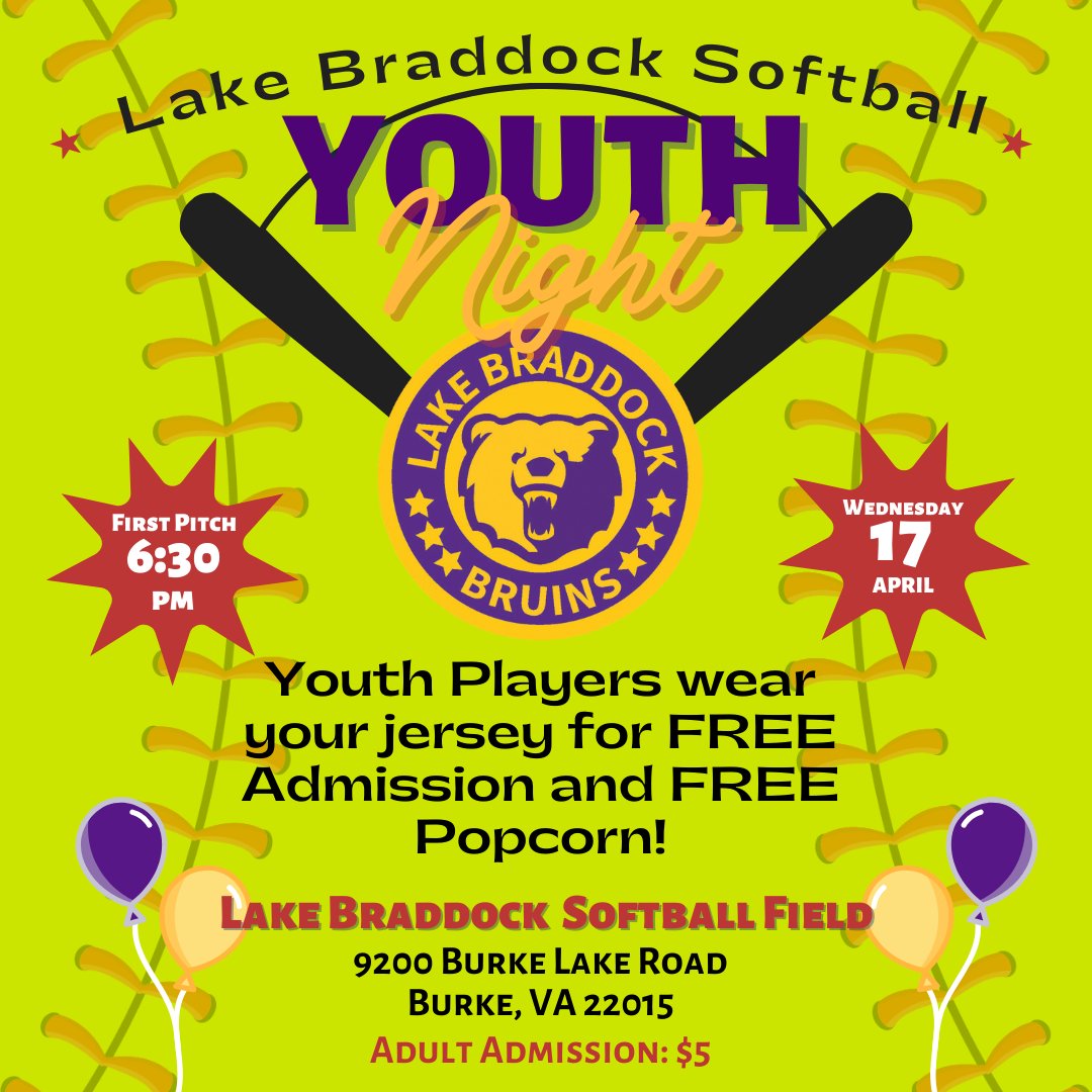 Youth softball night at Lake Braddock with <a href="/ThatPurpleTeam/">Lake Braddock Softball</a> 

Wednesday, April 17th @ 6:30pm

<a href="/LBathletic/">LB Bruins Athletics</a> <a href="/NVGSA_Softball/">Northern VA Girls Softball Association</a> <a href="/FirebirdsFP/">Firebirds Softball</a> <a href="/VAStingrays/">VA Stingrays Fastpitch</a>