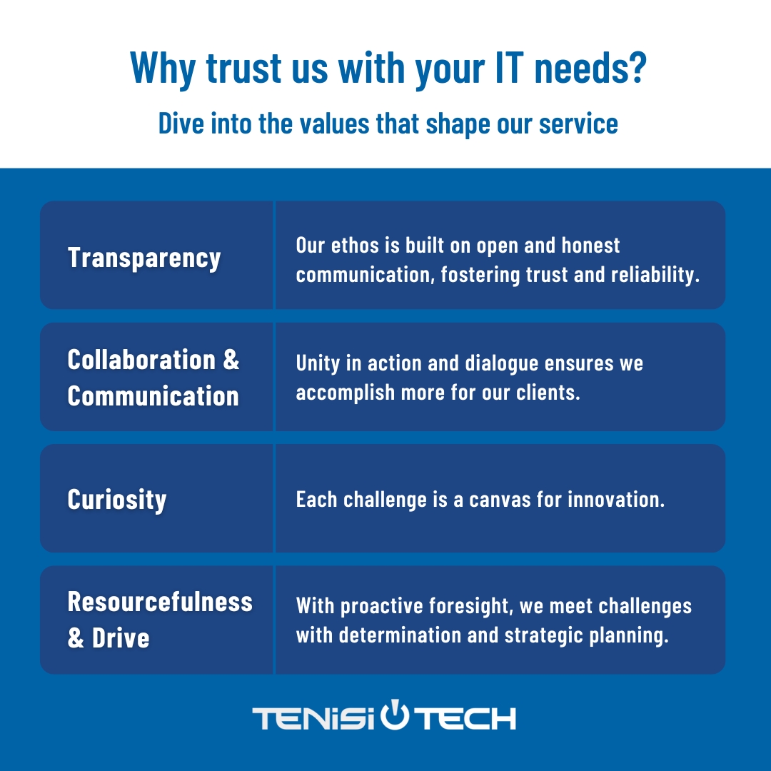 Choosing TenisiTech means opting for a partner as dedicated to your IT success as you are. Our team is a beacon of trust in tech, transforming challenges into breakthroughs with a strategy tailored just for you. #ITwithIntegrity #TenisiTech #TechExcellence