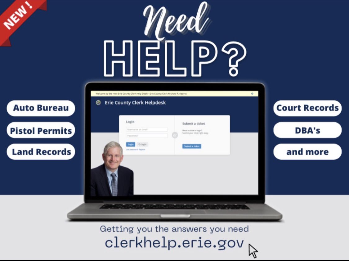 You have questions? We have the answers! Contact @ErieCountyClerk Help Desk where our knowledgeable and courteous staff is ready to assist you! #AskTheExperts or provide feedback- we are here to serve you! Go to clerkhelp.erie.gov