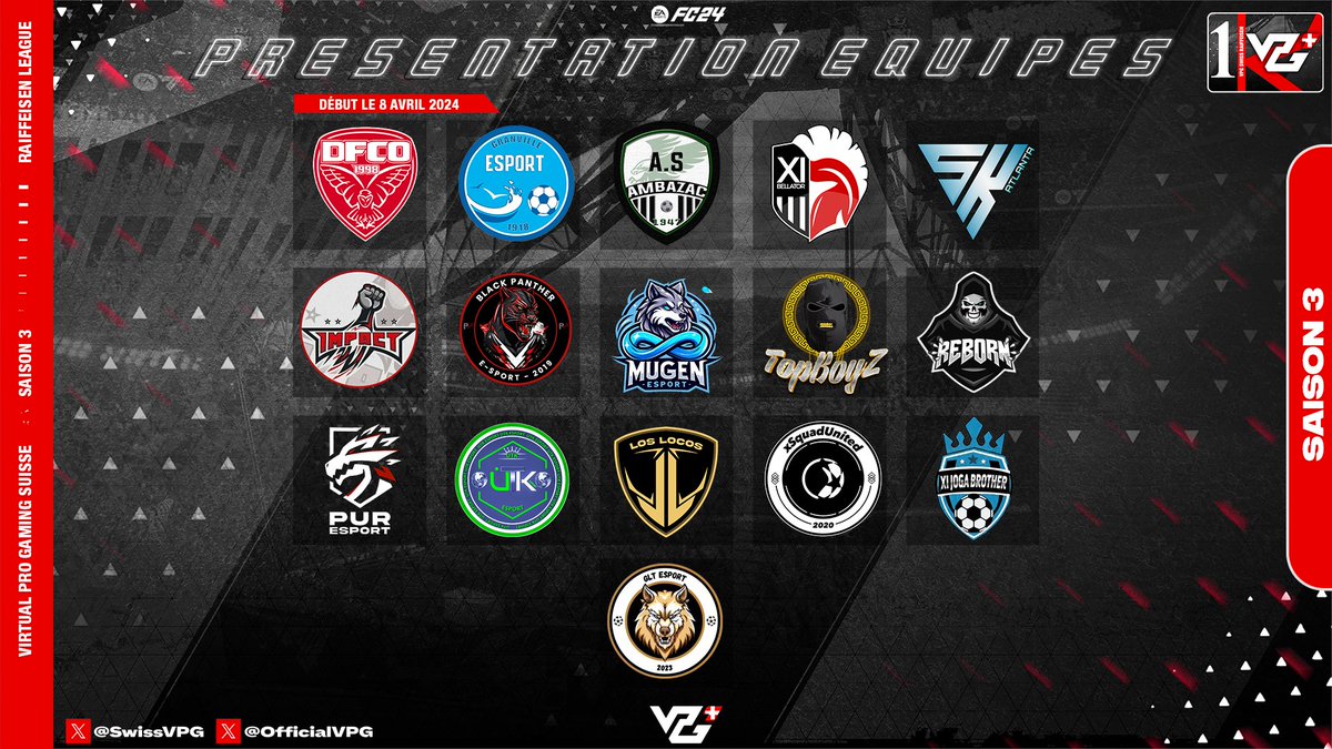 Au tour de la ligue Raiffeisen de présenter les équipes qui participeront à cette saison 3 de VPG Suisse, nous souhaitons une bonne et belle saison aux équipes.

Que la compétition soit féroce et que les meilleurs remportent la victoire.