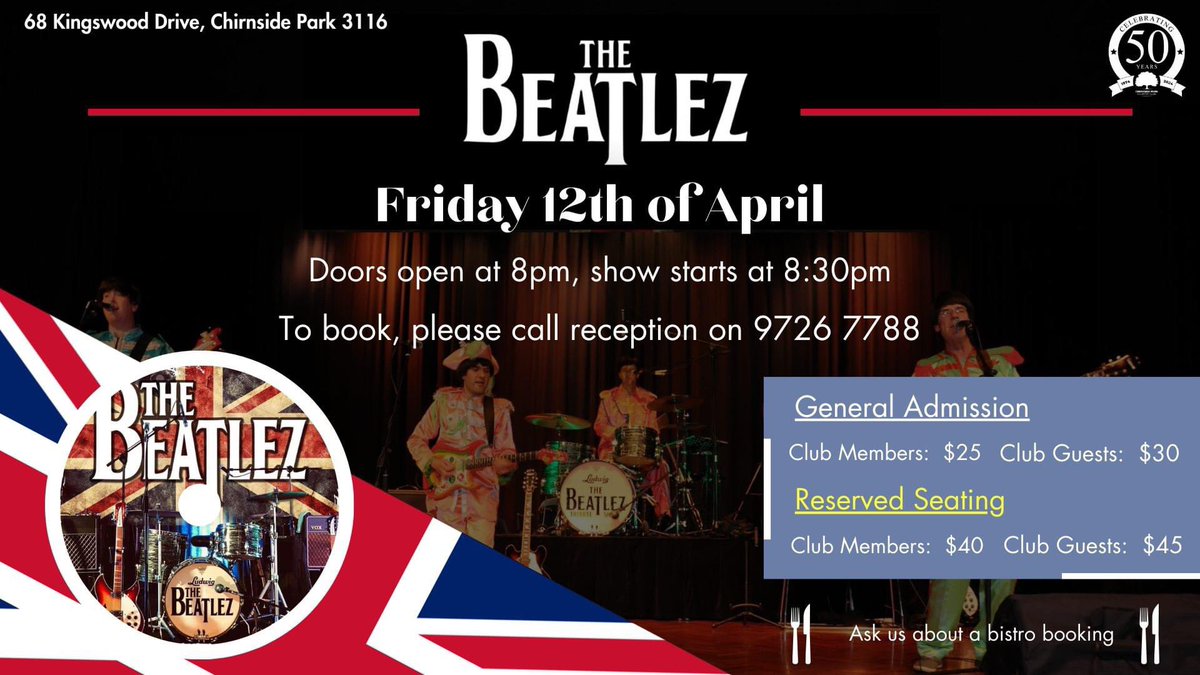 Get ready to twist and shout! 🎶 The Beatlez tribute show is hitting the stage at the Chirnside Park Country Club next Friday! Don’t miss out on this electrifying performance. To secure your tickets, call the club on 9726 7788 today! 🎤✨ #BeatlezTribute #ChirnsidePark