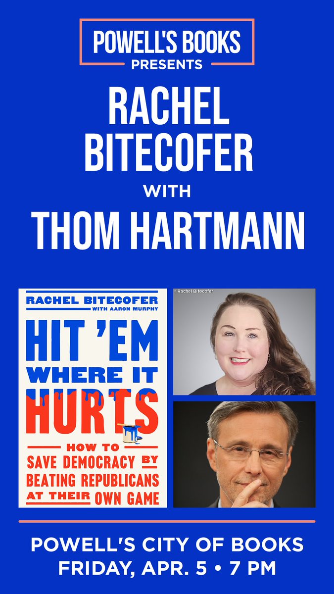Portland: come to the legendary @PowellsBooks Friday night to join a talk about Hit Em Where It Hurts, moderated by the great @Thom_Hartmann !!! Good times will be had by all!