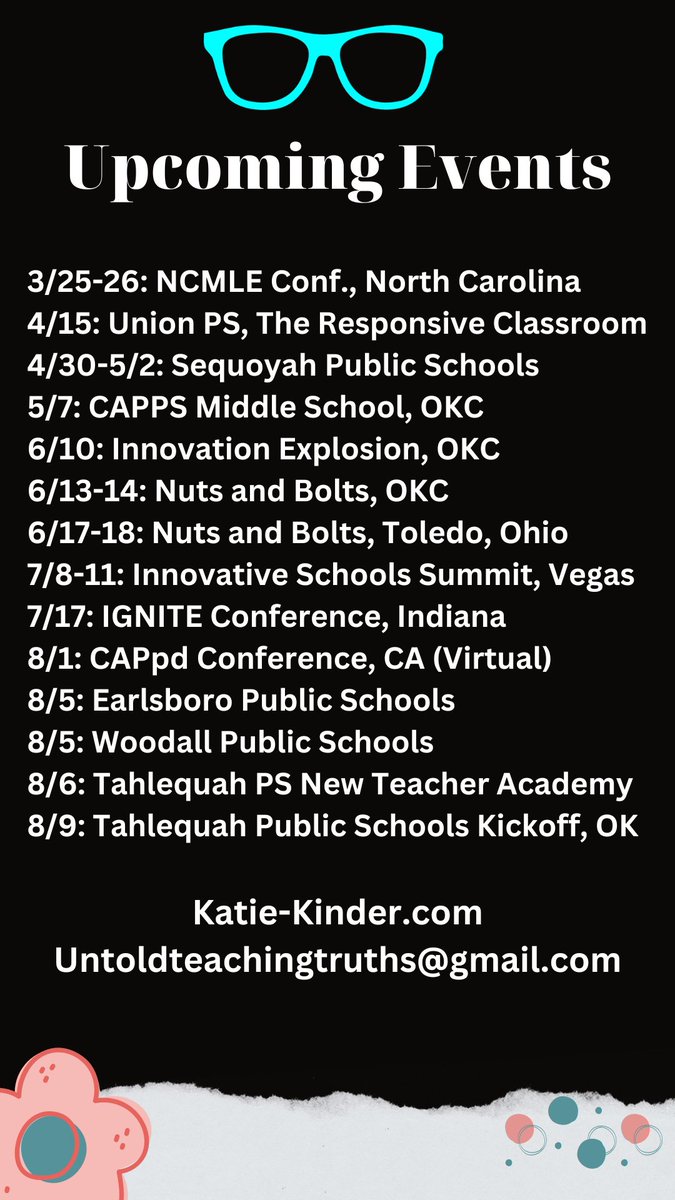 Booking new dates all the time!  Reach out to get your PD, workshop, or convocation on the schedule.  Fun, engaging, meaningful #edutwitter #teachertwitter #katiekinderfromokc #hallwayleadership #untoldteachingtruths