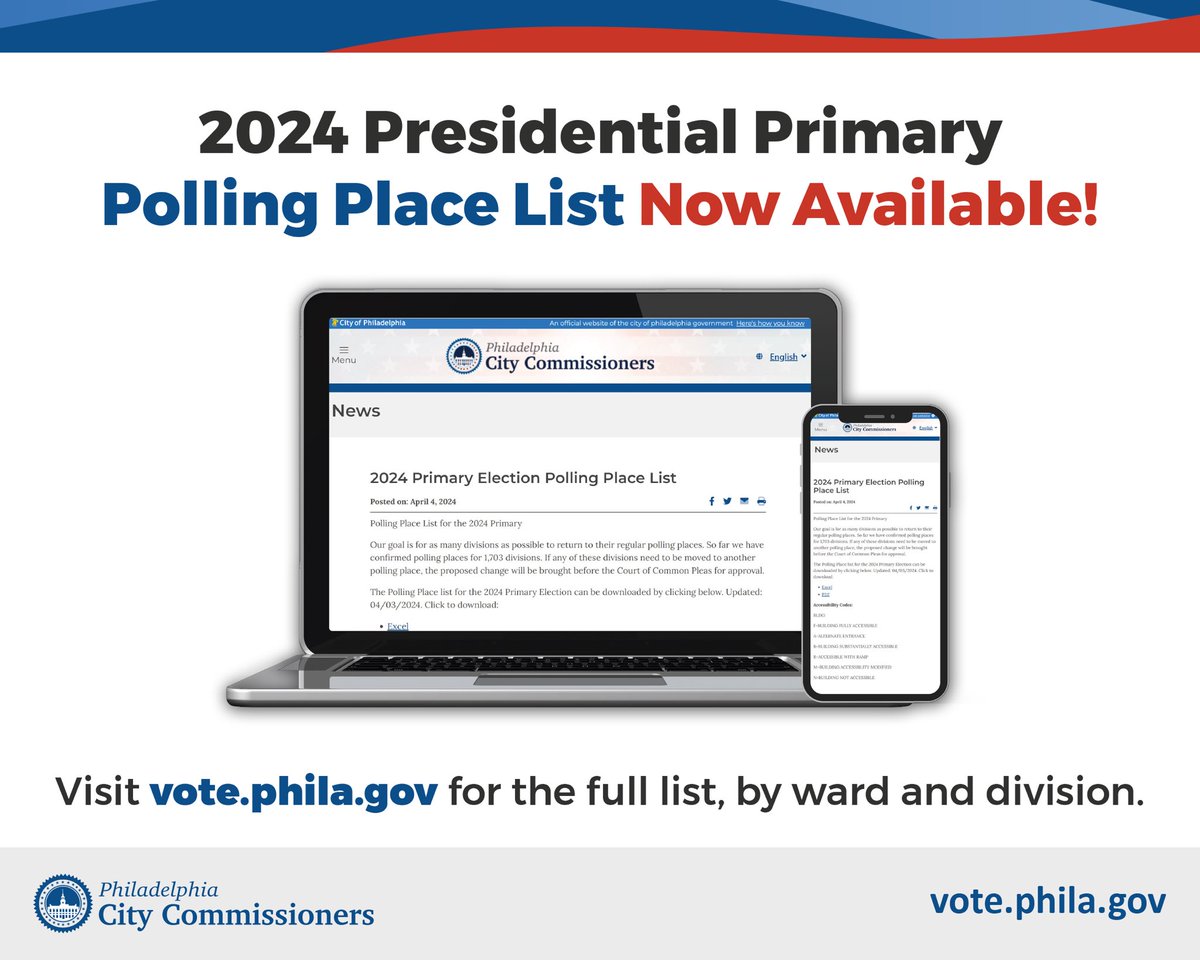 The list of polling places for the 2024 Presidential Primary is now available! Your polling place may be different this year. Find out where you need to cast your vote on Tuesday, April 23rd - visit bit.ly/3J9aGIJ for the full list, by ward and division. #PhillyVotes