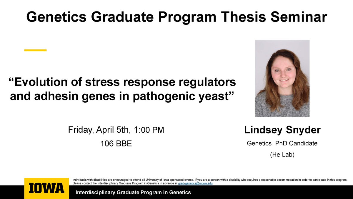 Lindsey Snyder (He Lab), a PhD candidate in the Interdisciplinary Graduate Program in Genetics, will be defending her thesis tomorrow, April 5th, at 1 PM in BBE106.
The seminar is open to the public, so let’s show Lindsey our support during this milestone in her academic journey!