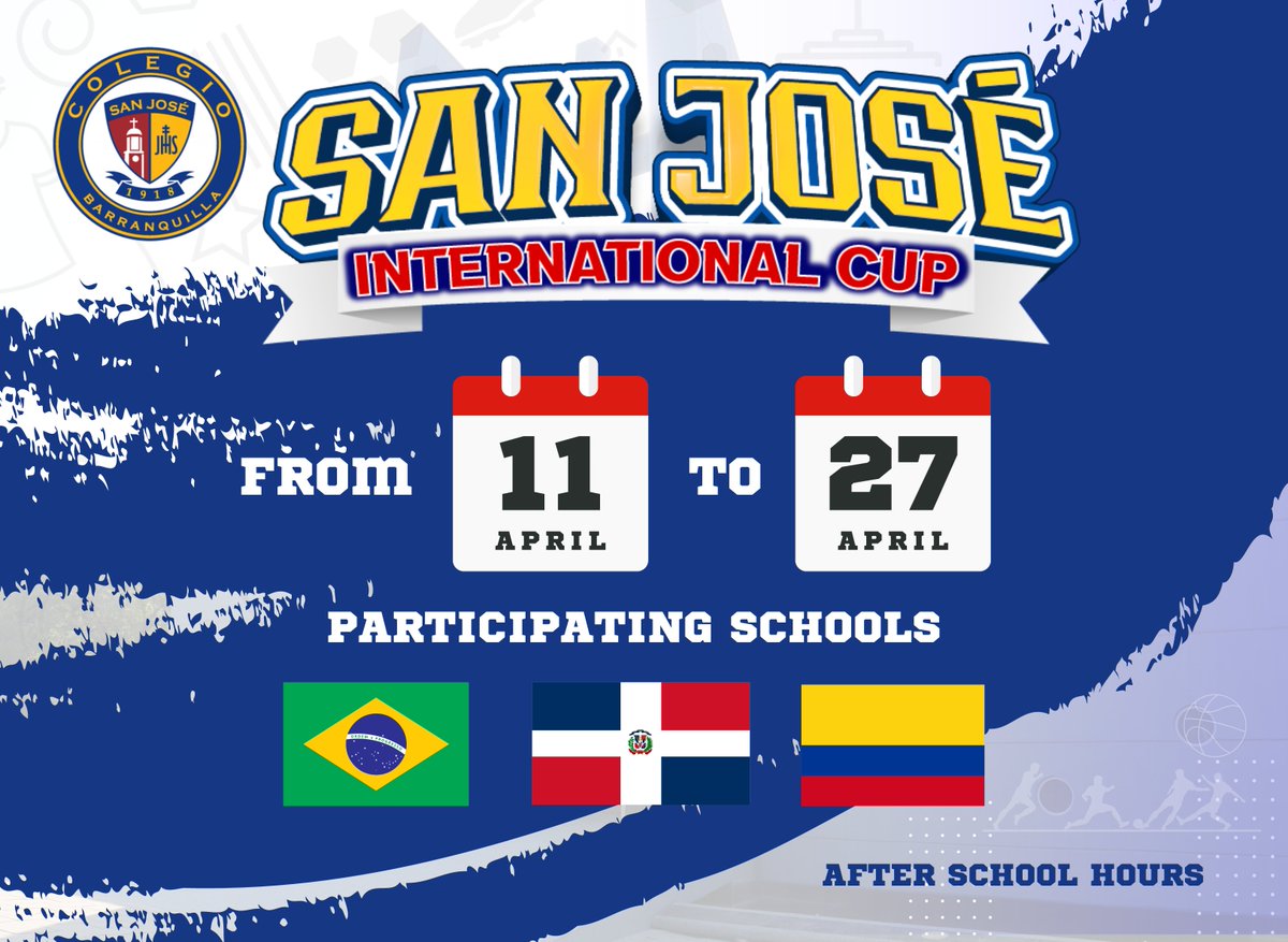 Del 11 al 27 de abril delegaciones de colegios de #Brasil #RepublicaDominicana y #Colombia estaremos en San José International Cup ⚽️🏀🏊‍♀️

¡Ven y apoya a tu equipo favorito!

#GlobalEducation / #CiudadaníaGlobal / #ColegioSanJose / #Jesuitas