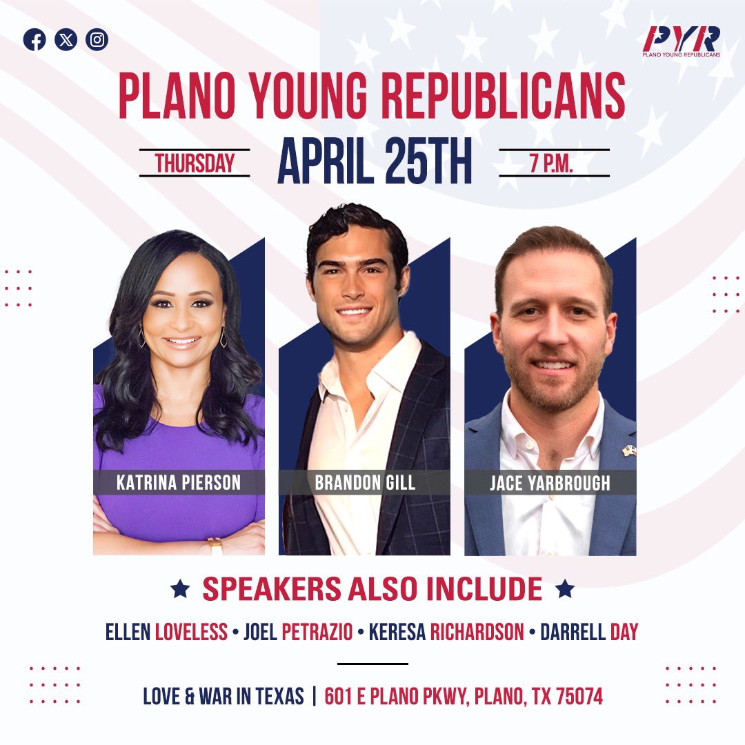 Join us for our biggest event yet! All your grass roots favorites will be there! @realBrandonGill @JaceYarbrough @KatrinaPierson @ellenloveless94 @DayforTexas @KeresaForTexas @YRsOfTexas @DallasYR @CollinGOP @TexasGOP @DineshDSouza