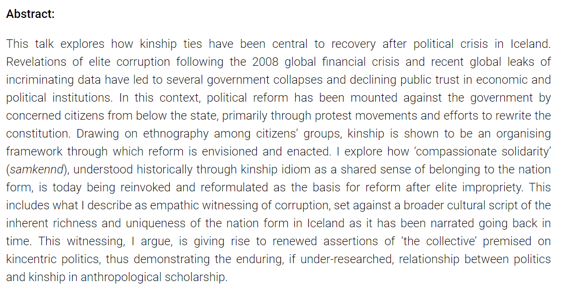 Please come along to this talk I will be giving at <a href="/UQ_News/">UQ News</a> - all are welcome!

The emergence of kincentric political reform in #Iceland after elite corruption

18 April 2024, 3–4:00pm, Online &amp; Room:
443, Michie Building, St Lucia

#anthropology #kinship #politics #corruption