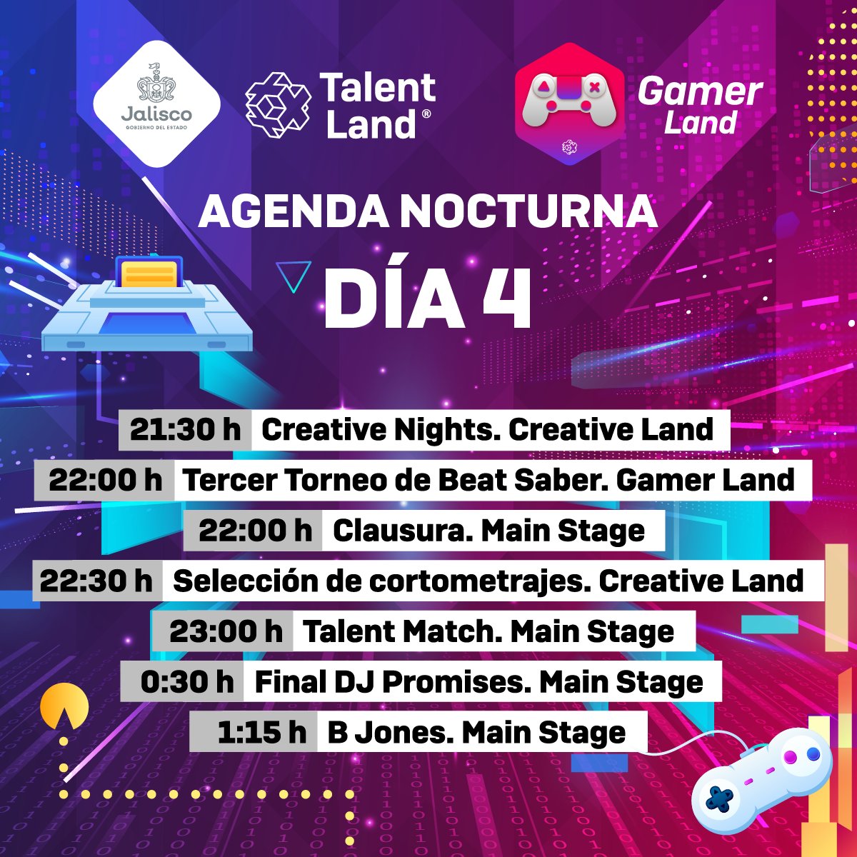 🌙⭐Última noche de #TLand2024. Revisa la agenda y disfruta de las actividades que tenemos preparadas para ti. No pierdas la oportunidad de bailar, encontrar a tu Match y convivir con todos los Talentos. ¡Te esperamos! talent-land.mx/agenda