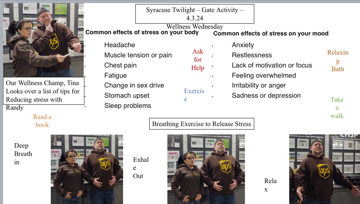 NYSYR - Syracuse Twilight - Wellness Wednesday Gate Activity- Wellness Champ, Tina looks over a list of tips for reducing stress with co- worker Randy… read a 📖 book, ask for help, exercise, take a walk BREATH #wellnesswednesday #totalhealth