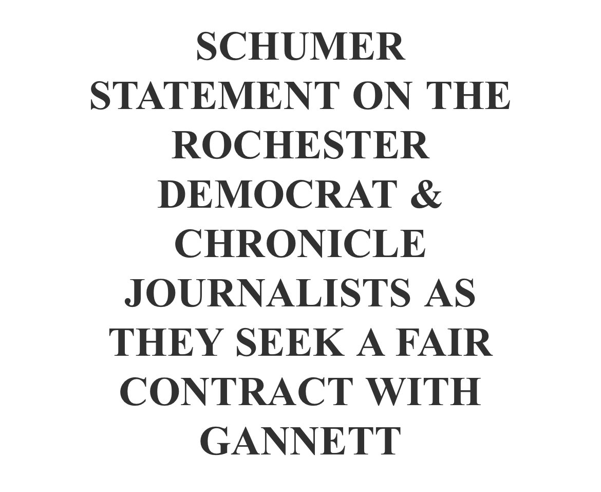 nyguild's tweet image. ✊✊✊

@SenSchumer comes out strongly in support of a fair contract for Rochester D&amp;amp;C journalists @rocnewsguild.

“Local journalism is the glue that keeps our communities together… I urge @Gannett to negotiate in good faith with the union to reach a fair deal.”