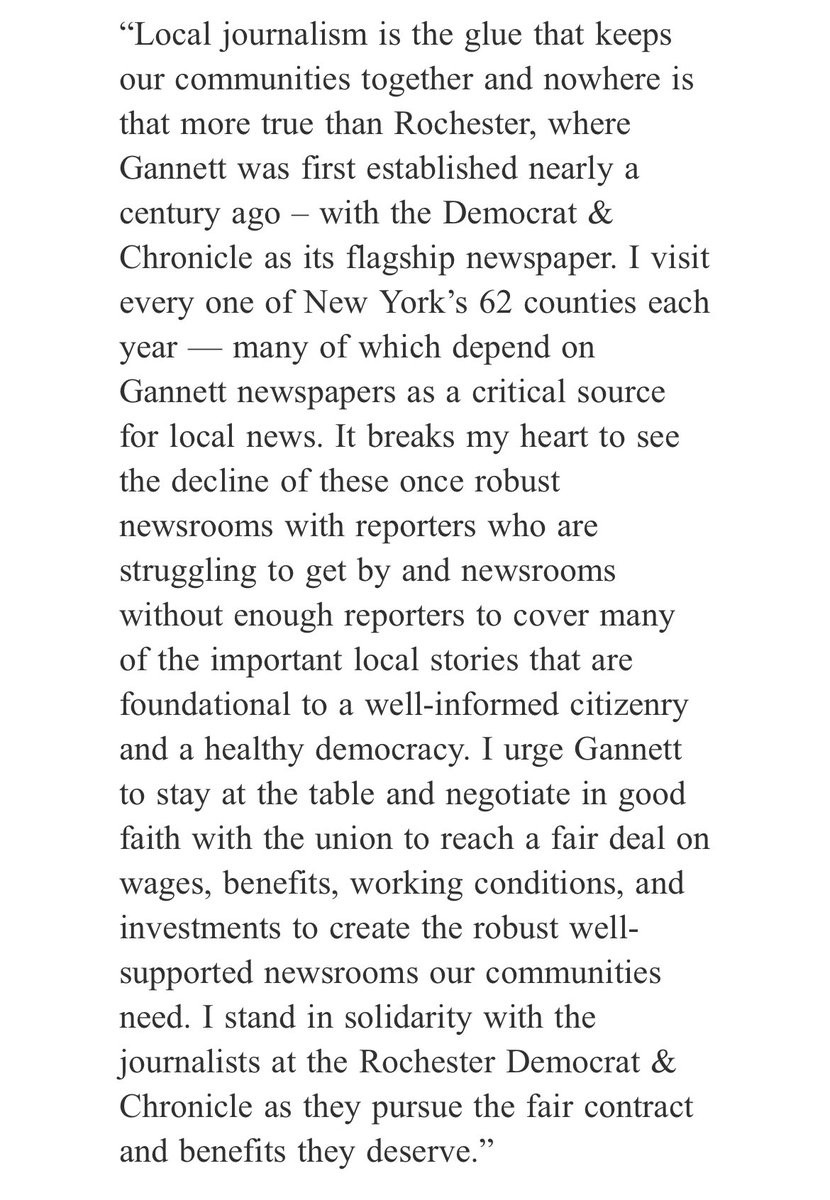 ✊✊✊ @SenSchumer comes out strongly in support of a fair contract for Rochester D&C journalists @rocnewsguild. “Local journalism is the glue that keeps our communities together… I urge @Gannett to negotiate in good faith with the union to reach a fair deal.”