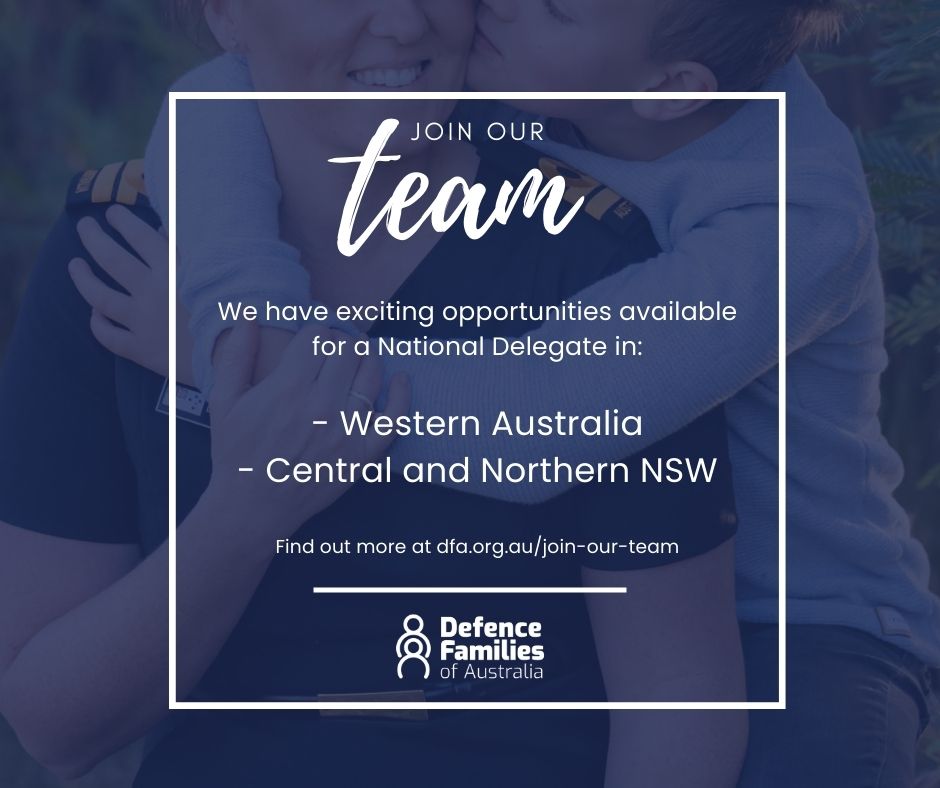 DFA is seeking two National Delegates to represent Defence families in Western Australia, and Central and Northern NSW. Find out more at dfa.org.au/join-our-team Apply by 12pm (AEDT) Friday, 12 April 2024.