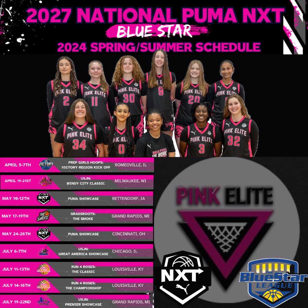 Pink Elite 2027 National Puma NXT Spring/Summer Tournament Schedule kicks off tomorrow! We are ready to compete! <a href="/NicoleD2027/">Nicole Douglas</a> <a href="/amanimeeks3/">Amani Meeks</a> <a href="/KennadyKotowski/">Kennady Kotowski</a> <a href="/EmmaBirsa/">Emma Birsa</a> @BellieB34 <a href="/MiaW2027/">Mia White</a> @MaceyMills03 <a href="/AubreySpy11/">Aubrey Spychalski</a> @sadmire32