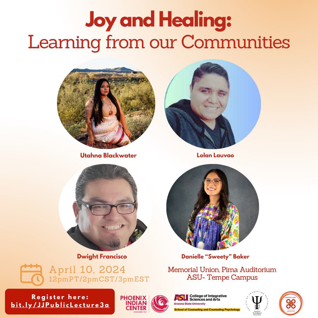 Excited  about the 4/10/24 3pm EST #justicejoyhealing event: Joy & Healing – Learning from our Communities: Phoenix Indian Center with Utanha Blackwater, Lolan Lauvao, Dwight Francisco, and Danielle Baker of the Phoenix Indian Center.  
bit.ly/JJPublicLectur…
Hosted by @CISAASU