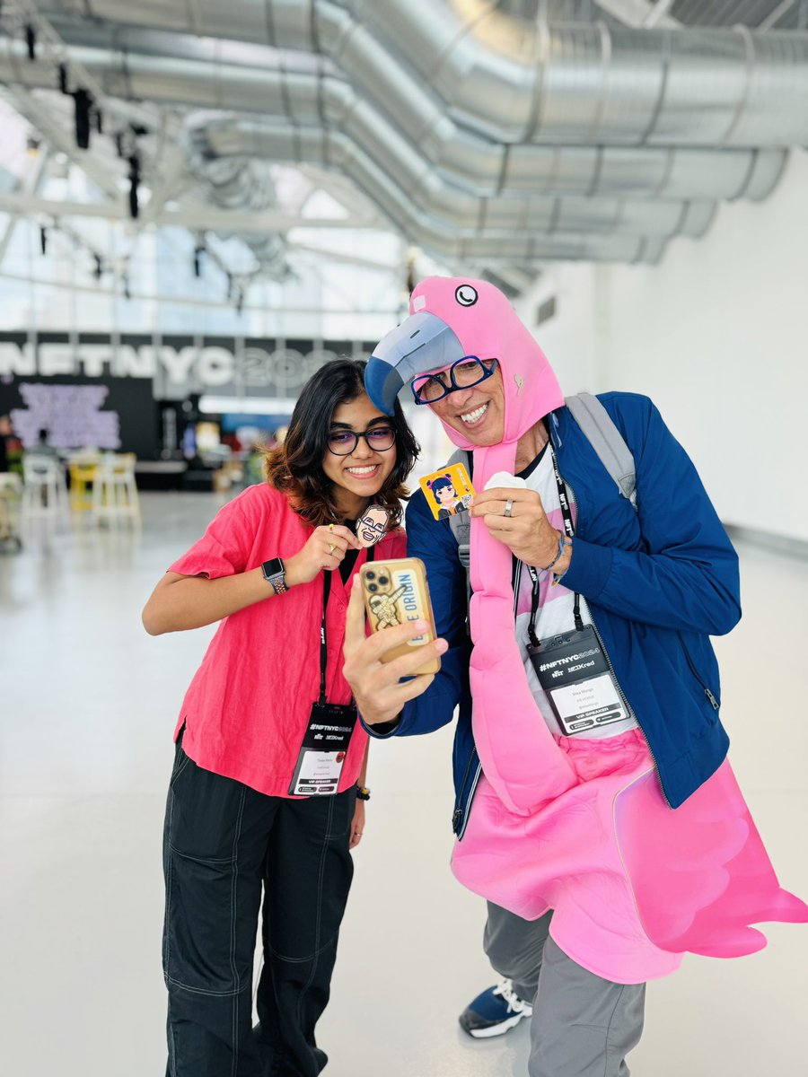 Meet  <a href="/MikeMongo/">Mike Mongo 🖼️🐐 #IAmAI</a> you can’t miss him! Just look for a 🦩 We took a selfie with our stickers 🤳 <a href="/NFT_NYC/">NFT.NYC</a> #NFTNYC2024