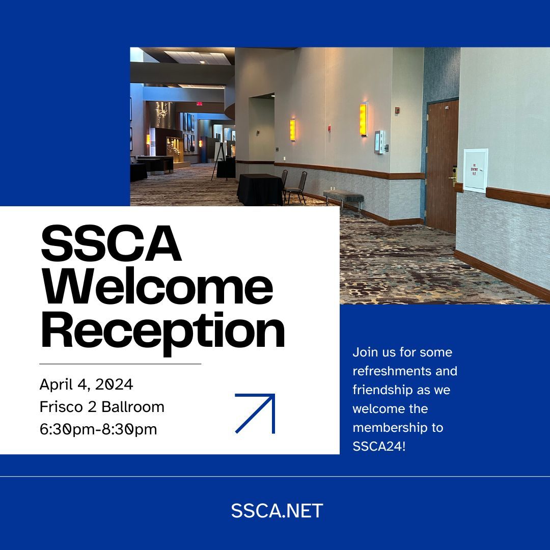 Happening NOW! Join us for some refreshments and friendship as we welcome the membership to #SSCA24. We're in the Frisco II Ballroom on the first floor of the conference center and we can't wait to see you there!