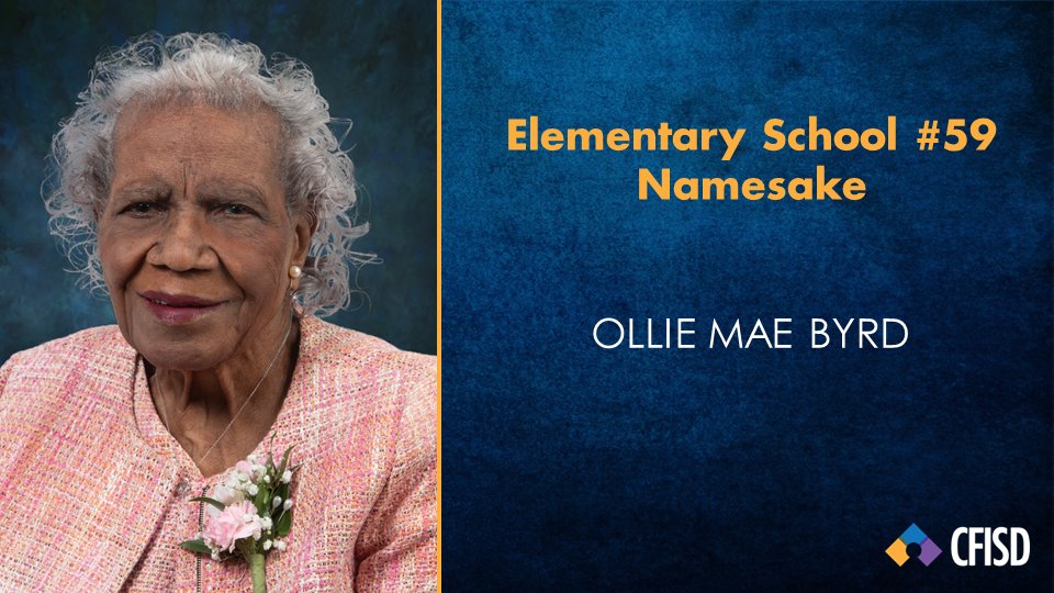 @CypressRidgeHS @BerryCenter @BlackBearkats @CFISDPost @EmeryElementary @rennellredhawks @LeeCFISD The #CFISDBoard approved agenda item 7C, the namesake of #CFISDES59, as Ollie Mae Byrd. Ms. Byrd taught for 30 years in the district, including at Carverdale School and @HolbrookCFISD. #CFISDBoard