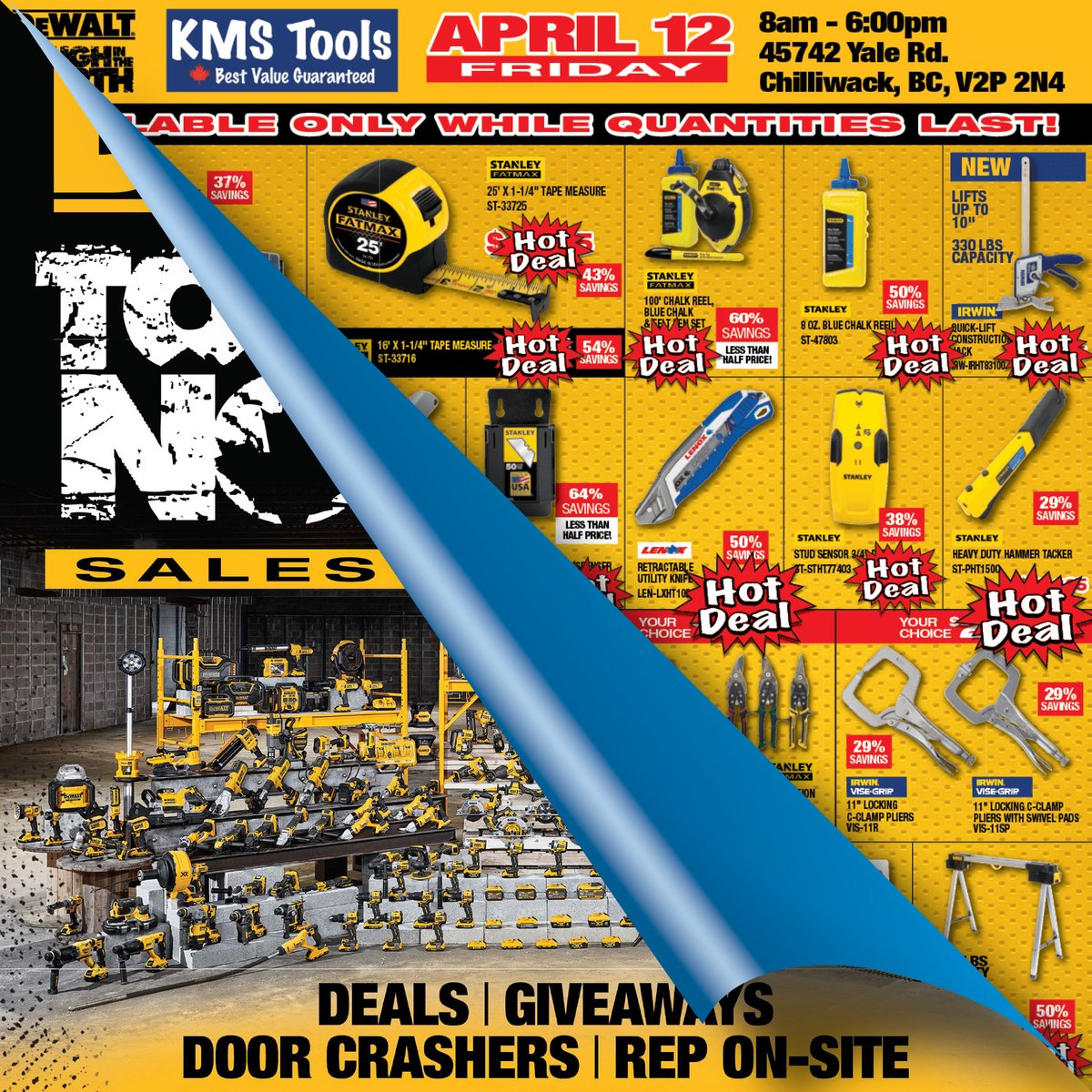 📣  ATTENTION CHILLIWACK  📣
If you like tools that come in yellow, don't miss #KMSTools' DEWALT #TOUGHINTHENORTH Sales Event next Fri! #DeWalt Deals, Giveaways, Door Crashers & On-Site Rep to answer all your #DeWaltTough questions!
Only @ KMS Chilliwack, Fri April 12, 8-6:00