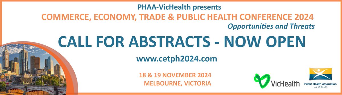 Abstract submission is now open at the Commerce, Economy, Trade & Public Health Conference 2024, Nov 18-19. @_PHAA_ @VicHealth @HealthIIA Don't miss this opportunity to present your work on #CDOH #IIA #FTA #antitrust #taxes #degrowth #wellbeingeconomy cetph2024.com/call-for-abstr…