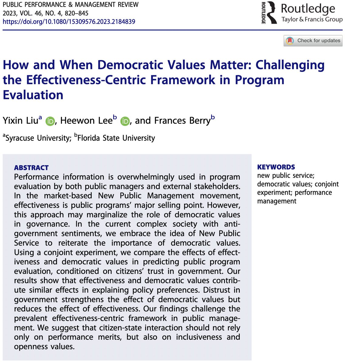 “How and When Democratic Values Matter: Challenging the Effectiveness-Centric Framework in Program Evaluation.” Check out this featured article by
@YixinLiu320 (<a href="/SyracuseU/">Syracuse University</a>), <a href="/Heewon__Lee/">Heewon Lee</a> (<a href="/uofcincy/">University of Cincinnati</a> ), and Frances Berry (<a href="/FloridaState/">Florida State University</a>). Read more here: doi.org/10.1080/153095…