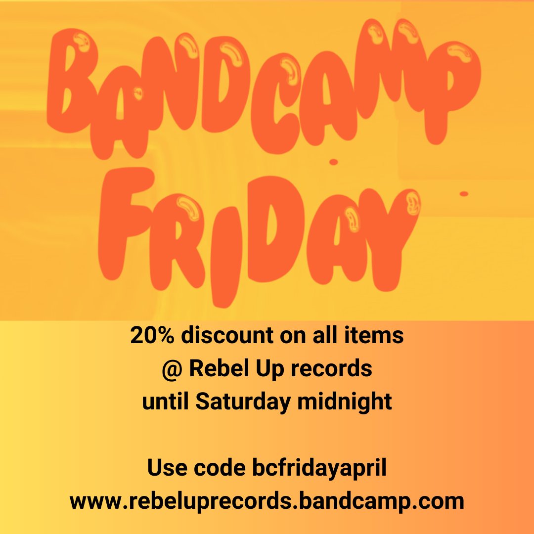 it's Bandcamp Friday again today!
We offer 20% discount on all items on Rebel Up Records, not just on friday, but until saturday midnight.
Use code bcfridayapril as checkout to claim your discount.
 Check it all on &gt;&gt;&gt; 
 rebeluprecords.bandcamp.com
 
 Thanks for your support!!