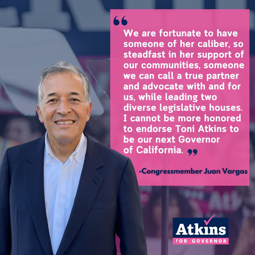 I’m excited to have Rep. @JuanVargas4CA’s support in my campaign for Governor! Rep. Vargas is a dedicated leader for Southern #SanDiego County and I look forward to continuing to work with him on behalf of our state!