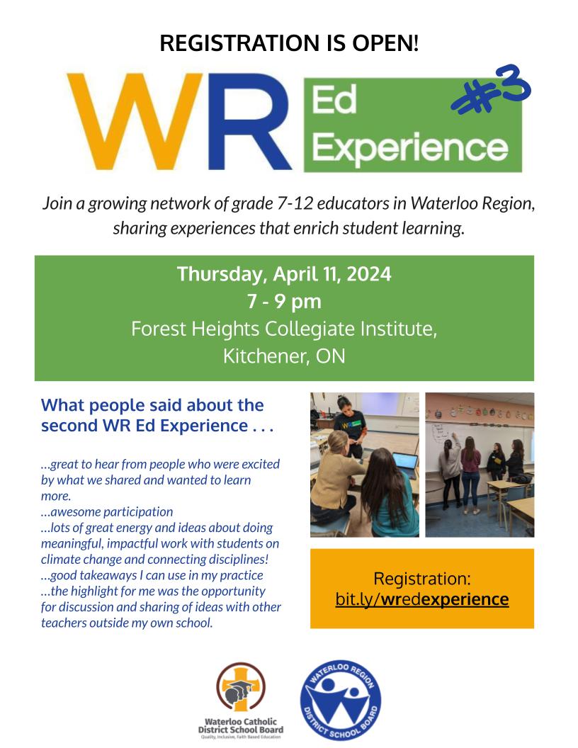 Come to the next #WREdExperience to learn from educators with @WCDSBInnovates and @wrdsb as they share their practices and experiences. The prizes are amazing! April 11 7-9pm For educators in Waterloo Region! sites.google.com/wrdsb.ca/wrede… @Amy_Healy123 @gingerich_c @hicknell