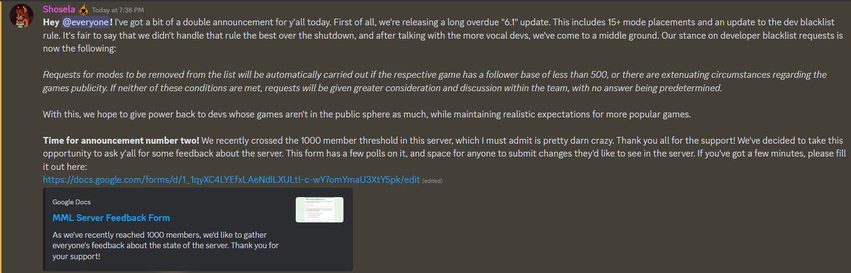 MaxModeOfficial's tweet photo. Update 6.1 for the Max Mode List has released, including several mode placements and an update to the Developer Blacklisting rule.

Alongside this, the team is celebrating 1,000 Discord server members with a form about the state of the server, found here: https://t.co/y1aVptom90 https://t.co/09T8CfeP7a