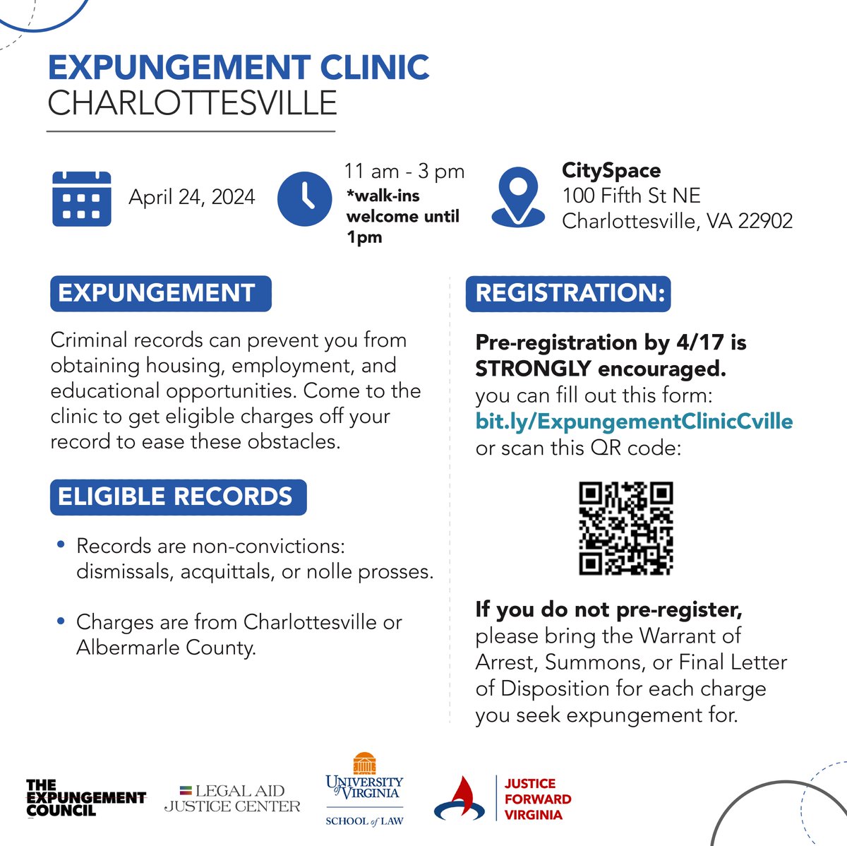 On 04/24 in #Charlottesville we will be partnering with several organizations to host an expungement clinic where we will help people remove eligible charges from their criminal record! Pre-registration is encouraged, RSVP here: bit.ly/ExpungementCli…