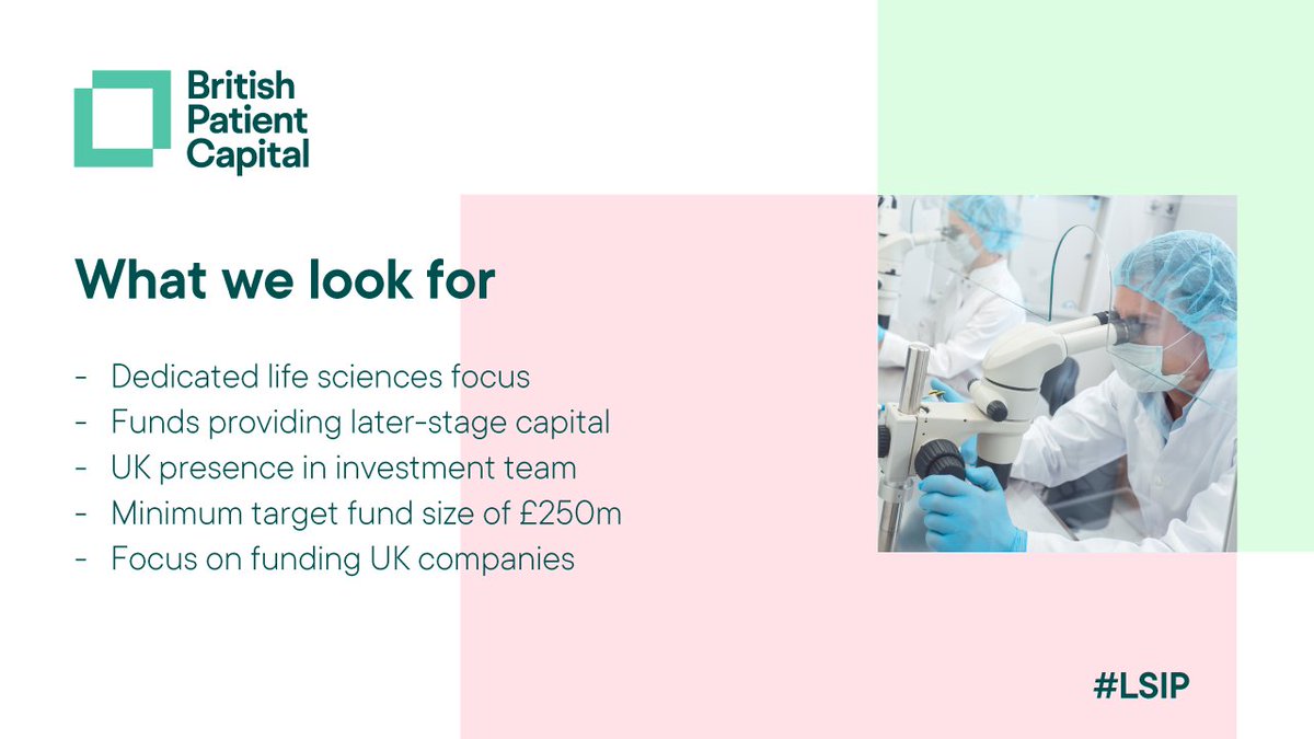 We target funds focused on providing later stage capital to high-potential, UK innovative life sciences companies 🔬 #LSIP

Find out more about Life Sciences Investment Programme here 👉 bit.ly/3NgpNTV