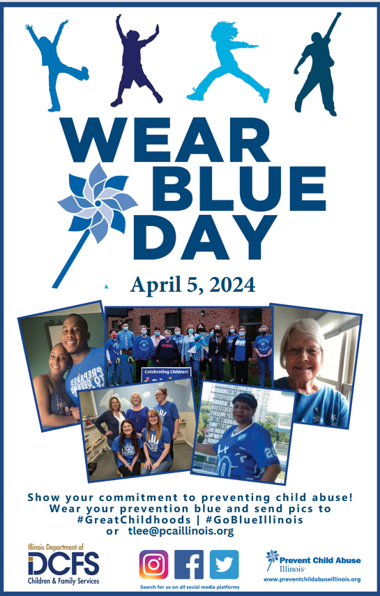 🔵 FRIDAY 🔵 4/5 🔵 TOMORROW 🔵 Wear Blue Day to raise awareness for Child Abuse Prevention! #ROE4community #GoBlueIllinois