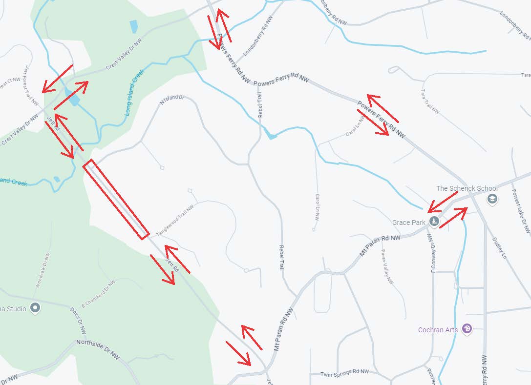 Traffic Alert:
Jett Road will be closed between 4925 and 4825 on Friday, April 5, to allow crews the opportunity to safely install speed cushions. A marked detour will be in place, as pictured below: Crest Valley Road to Powers Ferry Road, to Mt. Paran Road.
Residents who live in…