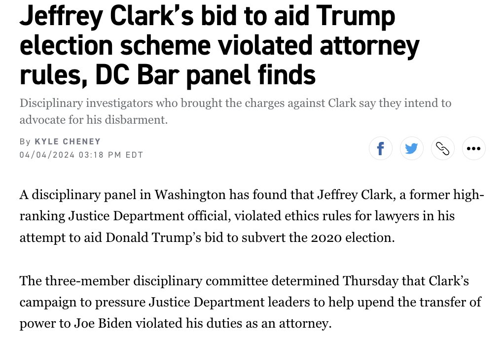 NEWS: Bar discipline authorities say Jeff Clark violated his professional duties in his bid to help Trump derail the transfer of power in 2020. Bar investigators say they intend to seek his disbarment. politico.com/news/2024/04/0…