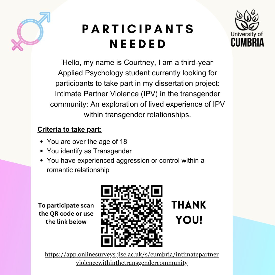 My student is currently exploring experiences of domestic abuse within the transgender community via an online anonymous survey - there remains a lack of research on this issue for this community. Please take part if you feel able to and meet the criteria and also please share!