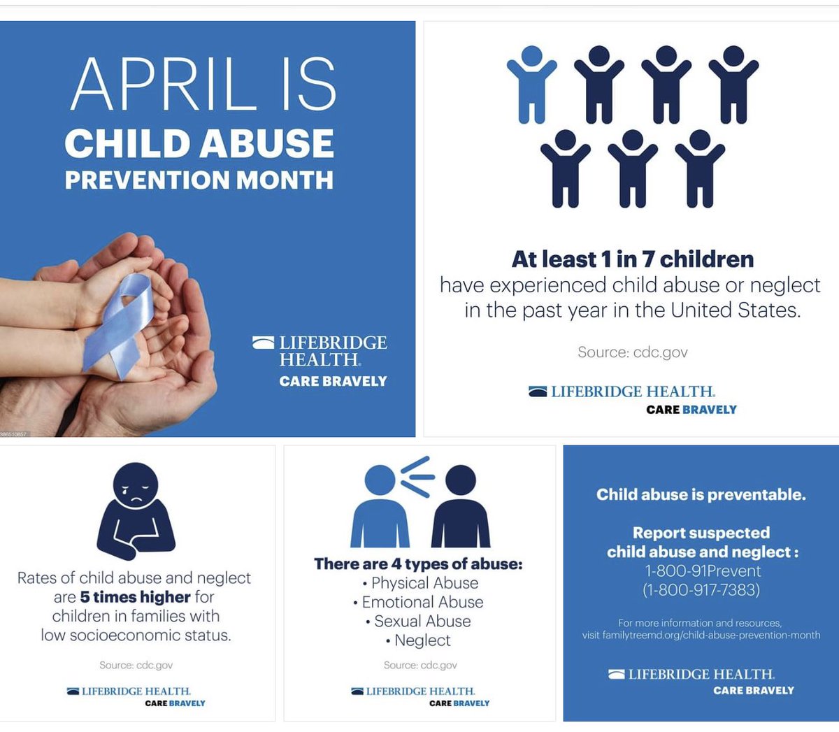April is Child Abuse Prevention Month. 

It’s important for everyone to know that abuse is not just physical; abuse can also be emotional, sexual and neglect.

Learn more here: bit.ly/4cz9Zpz

#LifeBridgeHealth  #ChildAbusePreventionMonth