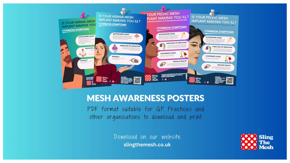 Despite extensive media coverage, one mesh type banned & another suspended, many Drs have still not heard of #mesh complications. To address this we've launched a campaign for patients to ask their GP to display posters in waiting rooms: slingthemesh.co.uk/mesh-posters-f… @PSCommissioner