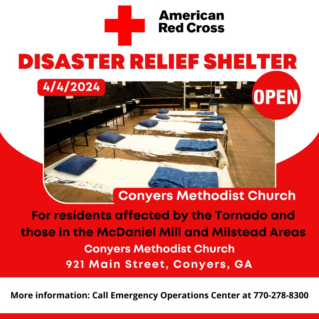 Attention Conyers residents! Disaster relief shelter now open at Conyers Methodist Church (921 Main St). If you need a safe place to stay, call Emergency Operations Center at 770-278-8300 for more info. #ConyersStrong #DisasterRelief
