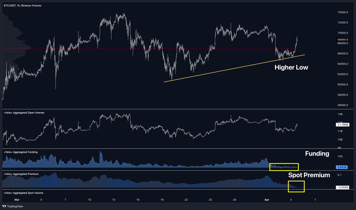 kian_sasan's tweet photo. Der #Bitcoin zeigt sich nach dem jüngsten Sprung auf $68.800 in beeindruckender Form!

1) Erstaunlicherweise erleben wir erneut ein Spot-Premium, was bedeutet, dass dieser Anstieg primär durch Spot-Käufe und nicht durch gehebelte Derivate angetrieben wurde – ein Zeichen für Stabilität und Nachhaltigkeit. 

2) Zusätzlich befinden sich die Fundingraten auf einem Tiefpunkt, was darauf hindeutet, dass der Markt nicht übermäßig auf Long positioniert und somit nicht überhitzt ist. 

3) Letztlich hat sich charttechnisch ein höheres Tief gebildet, was die technische Stärke und den intakten Trend zusätzlich unterstreicht. 

Mit dem Handel über $67.000, dem Point of Control, also dem Preisniveau mit dem höchsten Handelsvolumen, haben die Bullen erneut die Oberhand gewonnen. Ich vermute, dass die ETF-Zuflussdatn morgen signifikant sein könnten, was weiteres positives Momentum und einen Anstieg des Preises bewirken könnte – eine Einschätzung meinerseits. 👀

Fakt ist, dass wir, ähnlich wie beim Durchbruch des Allzeithochs von 2017 Ende 2020, eine bedeutende Zeit auf diesem Niveau verbracht haben und nun, in einem abgekühlten Zustand, auf dem gleichen Kursniveau von $69.000 handeln. Ich kann die $80k fast schon riechen. 🤣