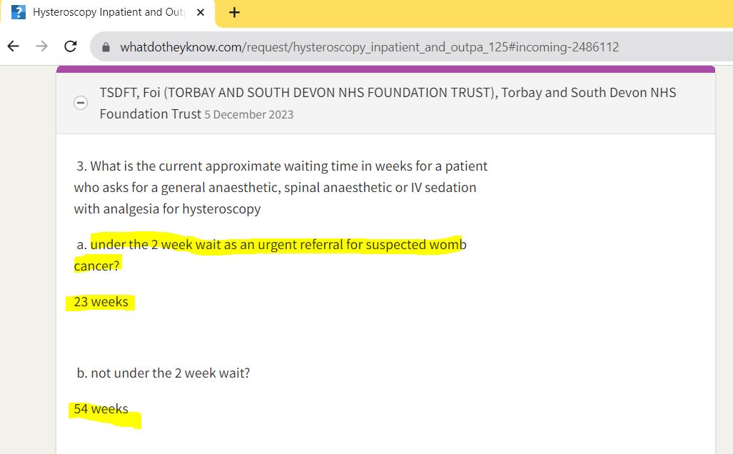 @RCObsGyn There's no mention in your survey of post-menopausal bleeding or persistent inter-menstrual bleeding. In December the wait for #hysteroscopy under GA at Torbay & S Devon as an urgent cancer 2WW referral was 23 weeks. Not all women are able to complete #hysteroscopy awake.