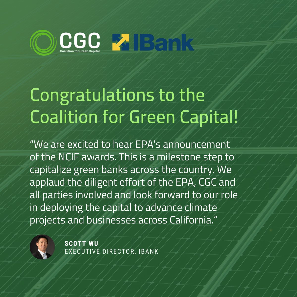 The @CGreenCapital was selected as a 💸$5B 💸 award recipient from the @EPA #GGRF! IBank is a sub-awardee and we’re ready to work together and unlock the full potential of public-private investments to reduce greenhouse gas emissions🍃 Learn more: bit.ly/3J2PkN0