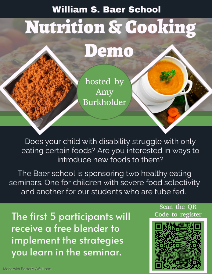 Does your child with disability have FOOD selectivity? Interested in learning different ways to introduce new food to them? See the flier to register for the Nutrition and Cooking Demo hosted by Amy Burkholder. First 5 to sign up will get a FREE BLENDER. #baerstrong